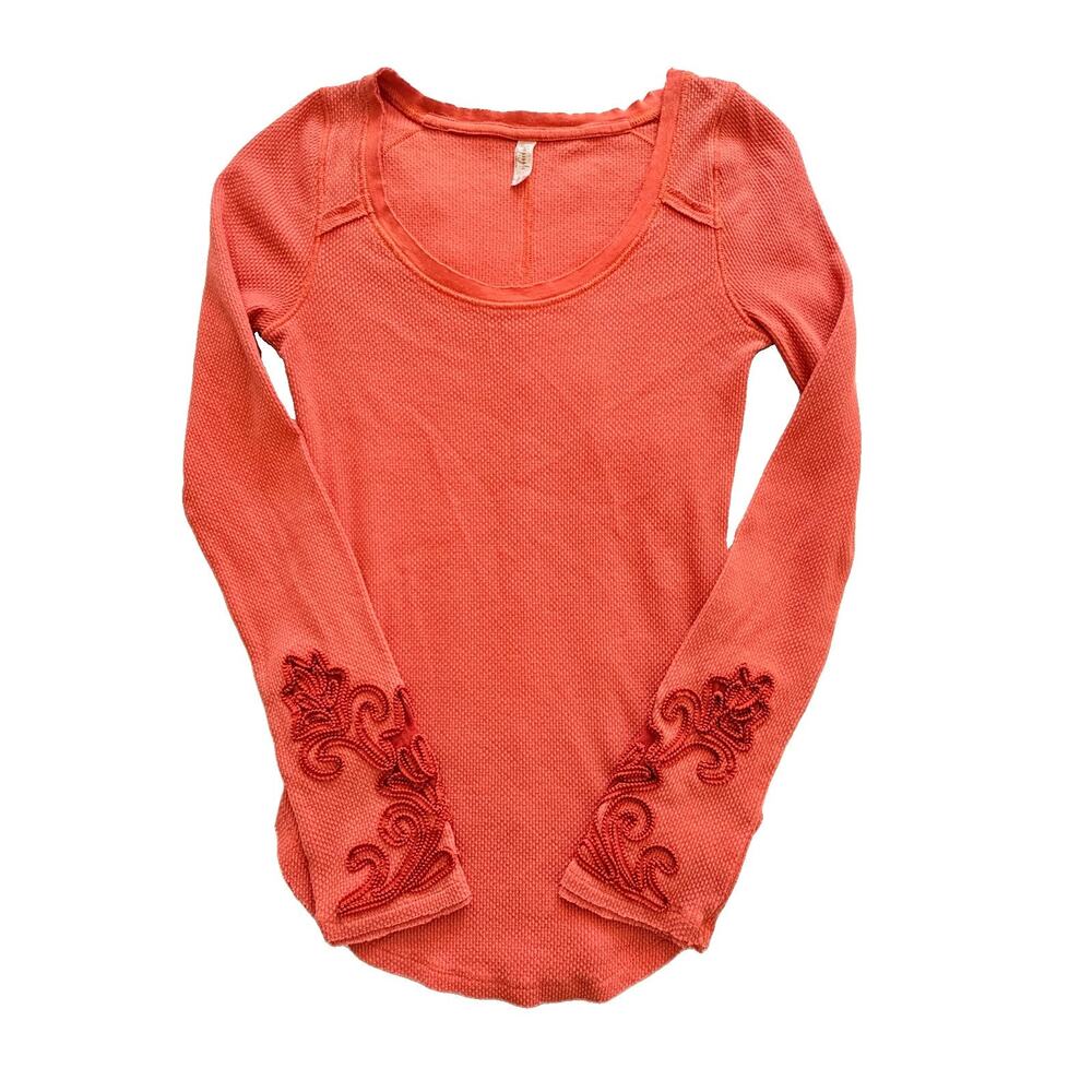 Free People Shirt Embellished Cuff Masquerade Thermal Boho Top Burnt Orange Sz M